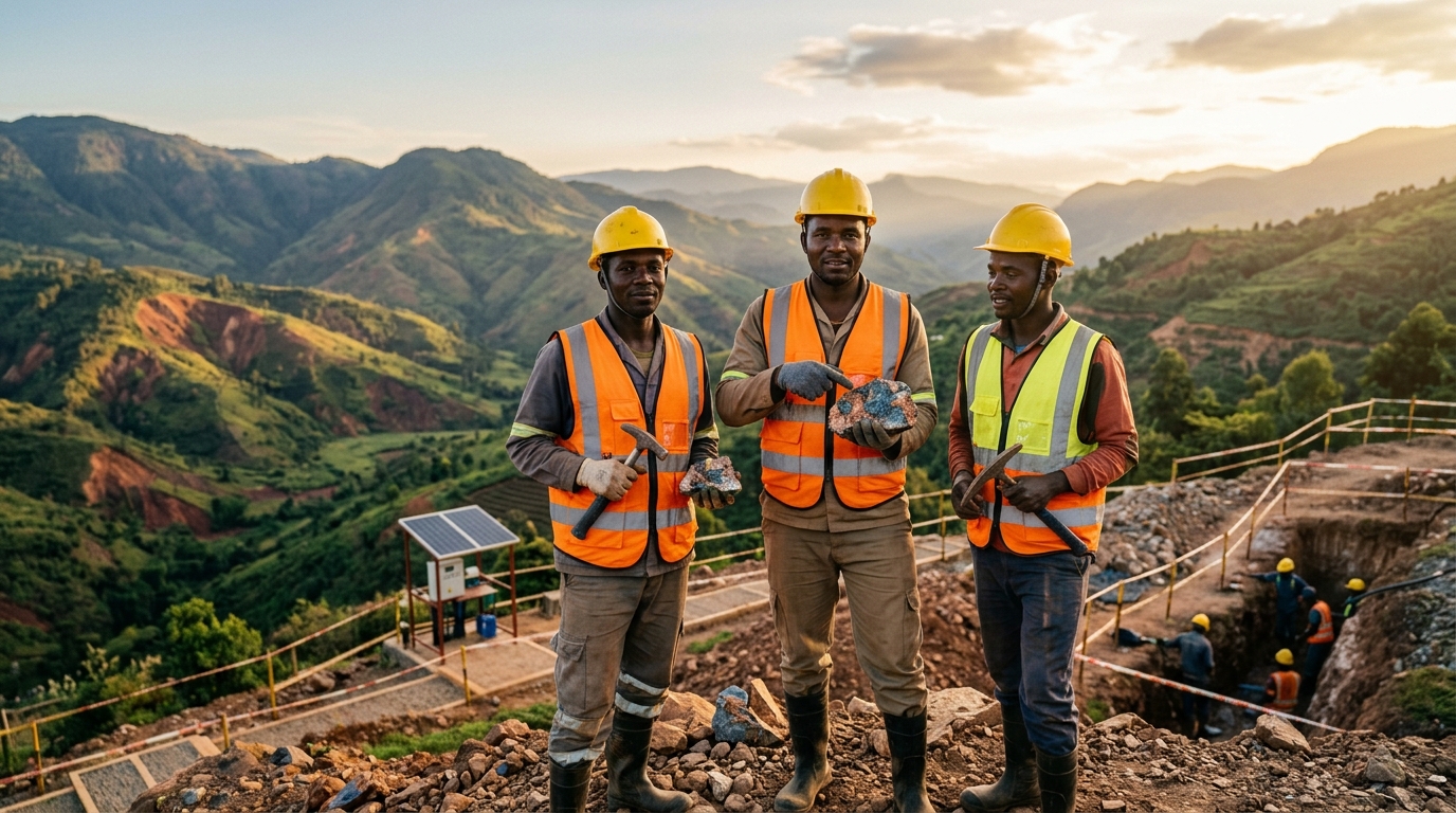 Artisanal critical mineral miners in Tanzania holding rock samples with safety equipment
